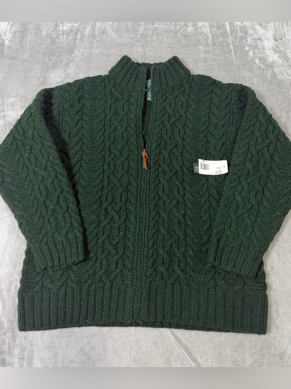 NWT Lauren Ralph Lauren Cable Knit Full Zip Sweater Hand Knit Wool Green Medium